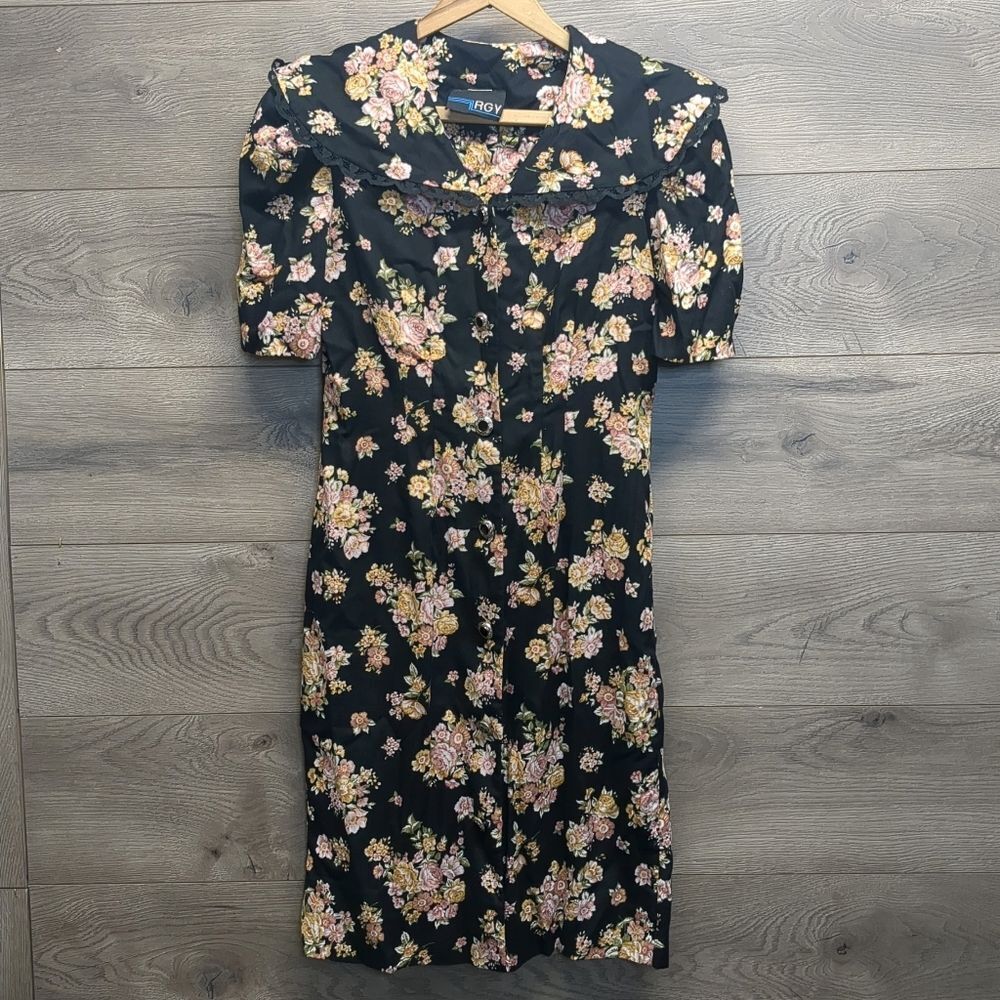 RGY Vintage Black Floral Button Dress Women's Size 8